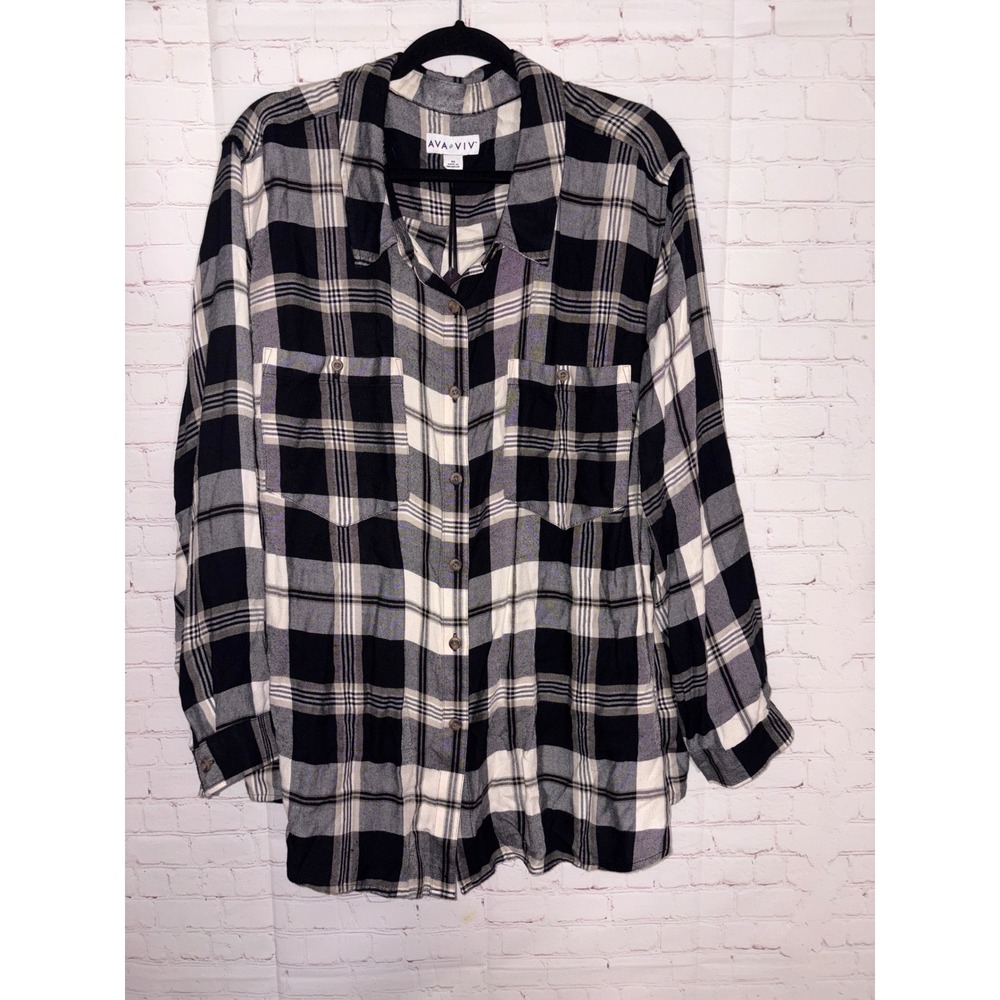 Ava & Viv Womens 4X Black White Plaid‎ Button Down Rayon Shirt 569406